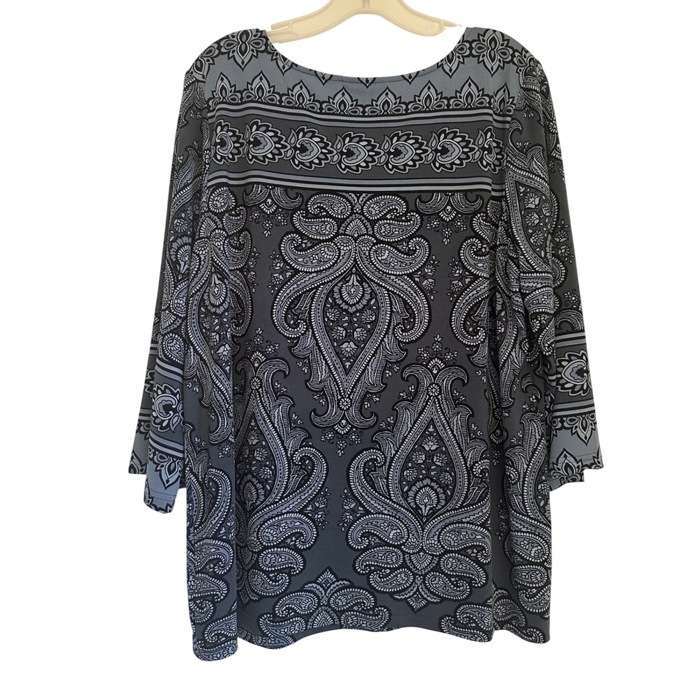 Bob Mackie Wearable Art Womens Blue Grey Paisley 3/4 Sleeve Jersey Top L Resort - Picture 2 of 6